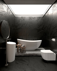 The moderrn minimal empty bathroom and black stone pattern wall background. 3d rendering