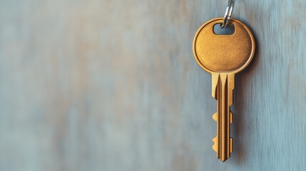 Golden key hanging, symbolizing new home, property, safety, opportunity, and success. Finding solution to problems