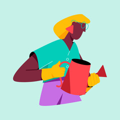 Woman holding red watering can while taking care of plants.