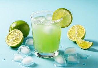 Fototapeta premium Fresh lime drink in glass rimmed with sugar, ice cubes, vibrant blue background