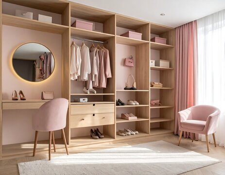 Pink Modern Walk-in Closet Dressing Room.