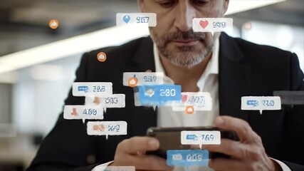 Man Looking at Phone with Social Media Likes and Comments Overlay - Business Technology Concept - Powered by Adobe