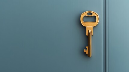 Gold key hanging on a teal door, symbolizing a solution, access, or new possibility for business and life
