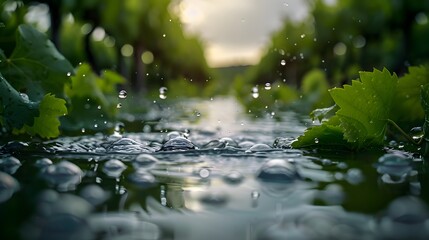 Fototapeta premium Morning Light Over Green Leaves Reflected On Calm Water With Fresh Droplets Splashing