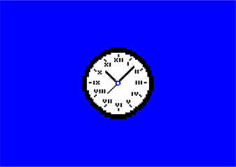 Description:
Pixel art clock with Roman numerals on a white face, black border, and blue background, showing a simple retro digital design.
