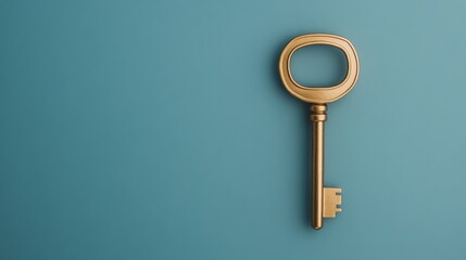 Golden vintage key symbolizing a solution, access, or opportunity on a clean blue background with copy space