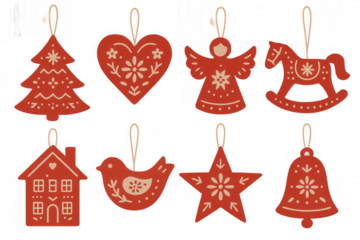 Scandinavian folk art christmas ornaments set with festive symbols and patterns, cut-out style on transparent background