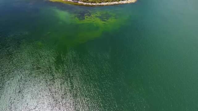 aerial perspective showcases the serene waters of Bafa Lake in Turkey, highlighting its vibrant turquoise hues and the lush, verdant coastline. The footage captures the natural beauty of the lake, wit