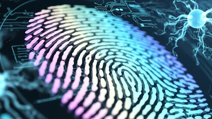 Biometric security system concept showing a glowing finger print texture integrated with a digital neural network