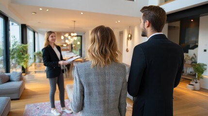 professional real estate agent giving a house tour to clients standing in a modern living room
