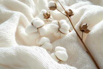 Soft cotton blossoms resting on creamy textured knitwear evoking serenity and natural beauty with soft light and subtle