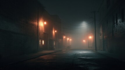 deserted street at night foggy urban alleyway dark and mysterious atmosphere