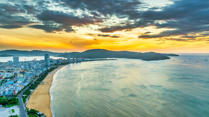 Aerial view of the coastal city of Quy Nhon, Vietnam in the morning, beautiful coastline. This is a...