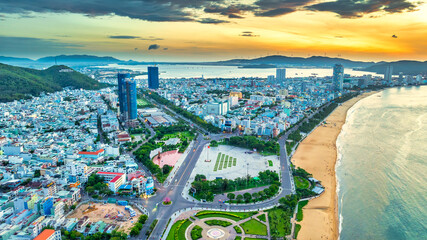 Aerial view of the coastal city of Quy Nhon, Vietnam in the morning, beautiful coastline. This is a city that attracts to relax in central Vietnam