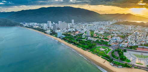 Aerial view of the coastal city of Quy Nhon, Vietnam in the morning, beautiful coastline. This is a city that attracts to relax in central Vietnam