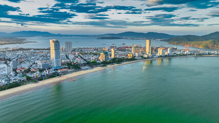 Aerial view of the coastal city of Quy Nhon, Vietnam in the morning, beautiful coastline. This is a city that attracts to relax in central Vietnam
