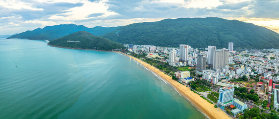 Aerial view of the coastal city of Quy Nhon, Vietnam in the morning, beautiful coastline. This is a city that attracts to relax in central Vietnam