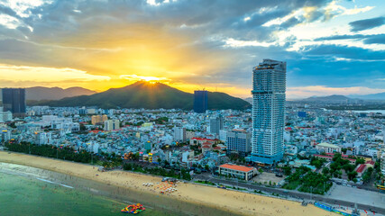 Aerial view of the coastal city of Quy Nhon, Vietnam in the morning, beautiful coastline. This is a city that attracts to relax in central Vietnam