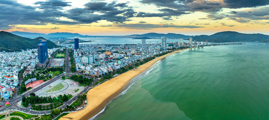 Aerial view of the coastal city of Quy Nhon, Vietnam in the morning, beautiful coastline. This is a city that attracts to relax in central Vietnam