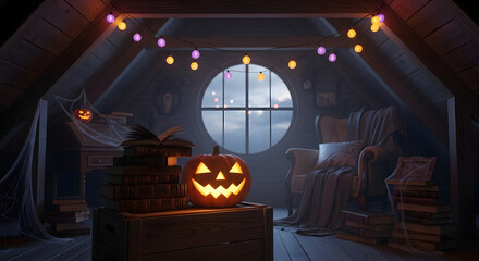 A Cozy and Spooky Halloween Attic Scene with Jack-o'-Lanterns, Old Books, and Atmospheric Lights at Night