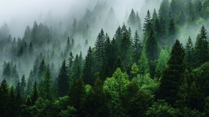 Obraz premium green trees in fog mystical forest serene dense lush tranquil nature