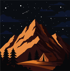 Fototapeta premium A vibrant sunset illuminates majestic mountains and a serene forest campsite with a tent, capturing an outdoor adventure.
