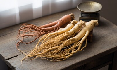 Fresh ginseng roots on a wooden table, beside a small scale