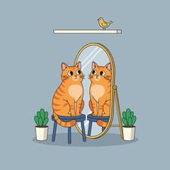 Orange cat looking at reflection in mirror with plant and bird  