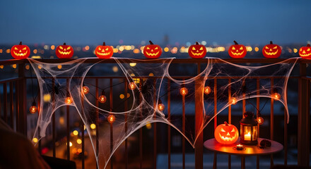 Spooky halloween night balcony decorations with glowing jack-o'-lanterns and spiderwebs against a city lights background.