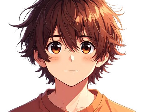 Digital illustration of a young boy with brown hair and a gentle smile.  Animated character, expressive eyes - Powered by Adobe