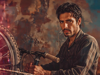 young handsome man with stubble repairs a bike in his shop