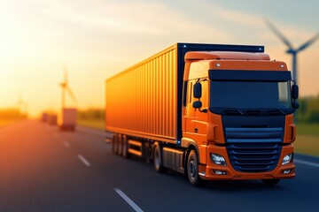 Truck on a highway against a vivid sunset, carrying freight for logistics and global trade, with wind turbines generating clean energy