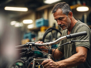 middle aged man with stubble repairs a bike in his shop