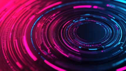 Abstract technology background showing digital data flowing through concentric HUD elements in vibrant pink and blue colors