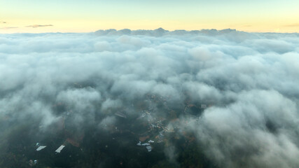 Aerial view of the mist in the sunrise sky is beautiful in the highlands of Da Lat, Vietnam