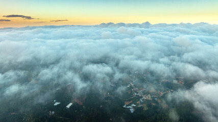 Aerial view of the mist in the sunrise sky is beautiful in the highlands of Da Lat, Vietnam