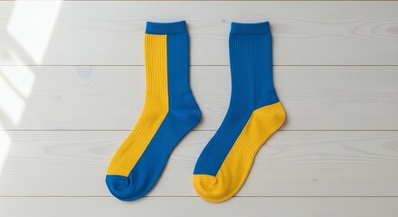 Socks in the Colors of the Ukrainian Flag on a Wooden Background