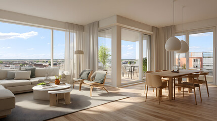 Fototapeta premium Modern Interior Design of a Bright and Spacious Living Area with Large Windows, Neutral Tones, and Cozy Furniture