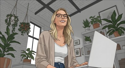 Happy Blonde Woman Whisking Ingredients in a Kitchen, Baking Concept