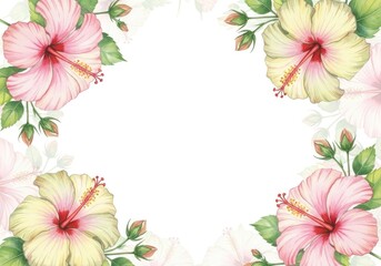 Fototapeta premium Hibiscus Flower Watercolor Border with Leaves and Buds on White Background