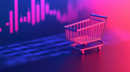 Shopping cart representing e commerce and retail trends, with a flickering stock market graph in the background