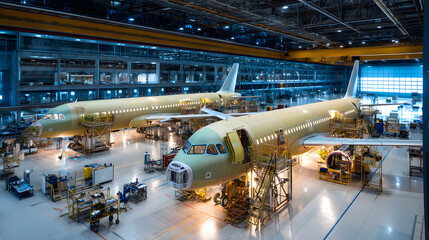 Ultra-realistic Editorial Photograph of Aeronautical Manufacturing Process in Modern Aircraft Assembly Facility