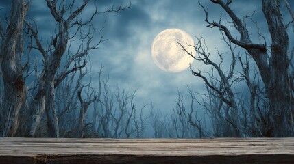 spooky forest with dead trees full moon on background and wooden board