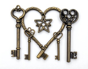 Antique keys arranged in a heart shape on white background