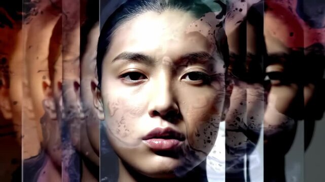 Beautiful person's face displayed in a captivating and unique artistic composition, featuring multiple layered expressions and a captivating arrangement.