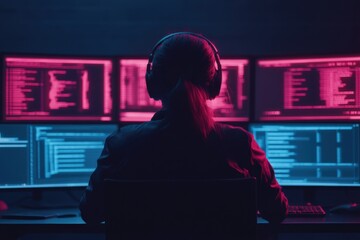 Woman developer at multiple glowing monitors coding in a dark neon lit room, back view, focused on cybersecurity and software systems
