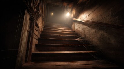 dimly lit staircase leading to unknown space old wooden steps cobwebs eerie charm single light bulb casts warm glow blinking scary stairs to attic or basement