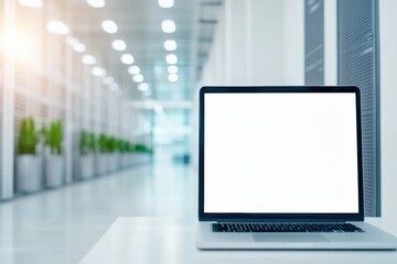 Laptop with blank screen on a desk, showing copy space in a modern server room, representing digital technology and computing