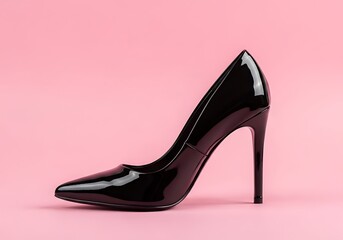 Elegant Black High Heel Shoe on Pink Background.