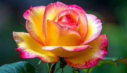 Close-up of a vibrant yellow and pink rose